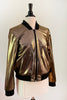 This is a front view of a shiny, metallic gold bomber jacket from Pony Black. The collar, cuffs and waistband are black ribbed fabric.